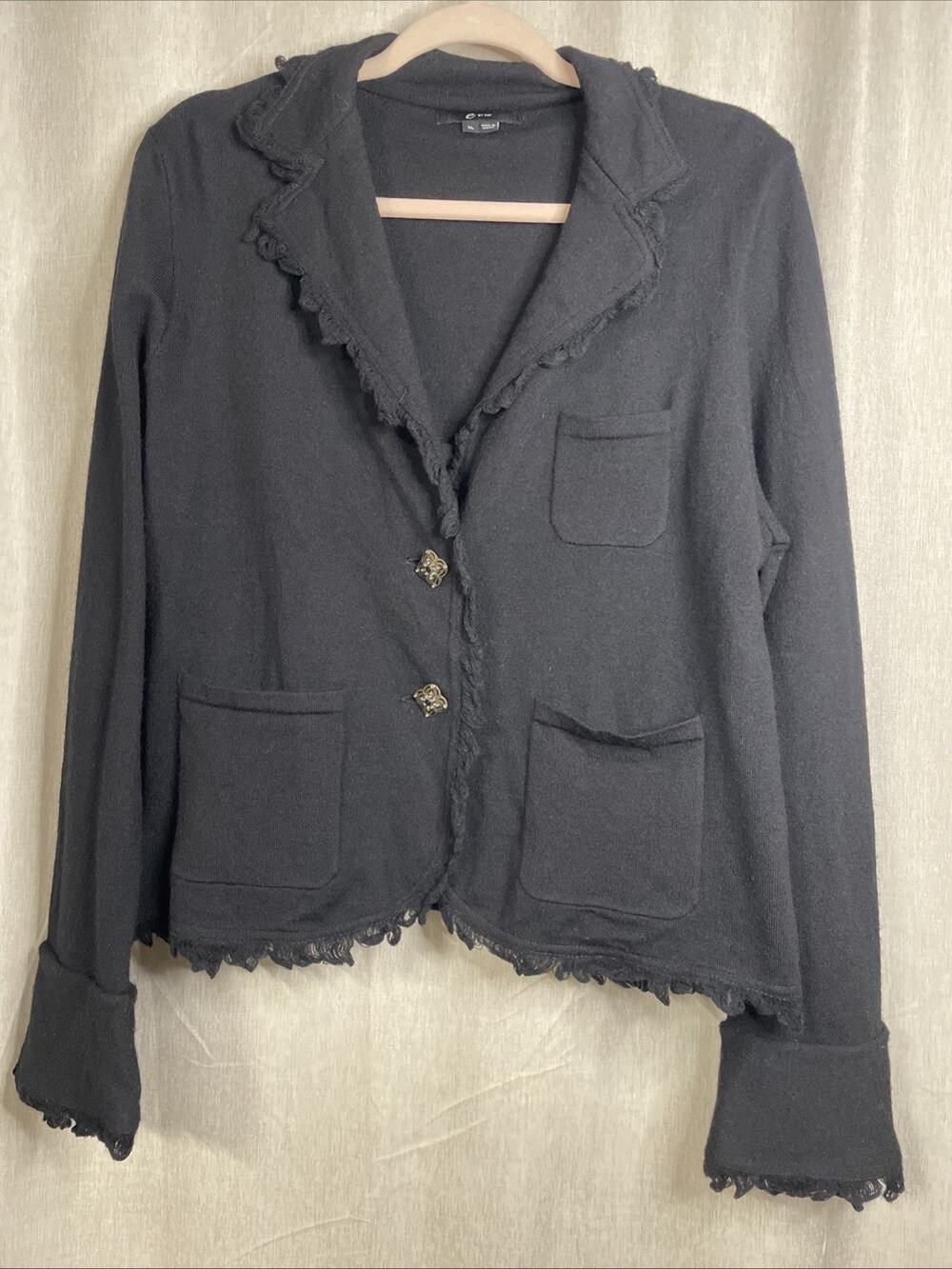 e by ECI Wool Blend Women’s Fringed Collared Cardigan w/Buttons/Pockets Size XL